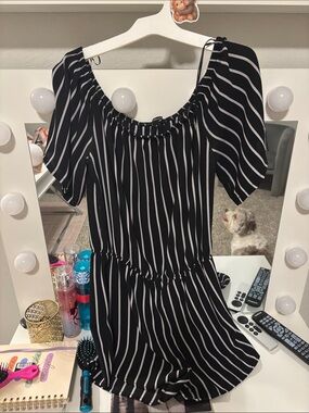 Ambiance Black and White Vertical Stripe Off-Shoulder Romper Medium